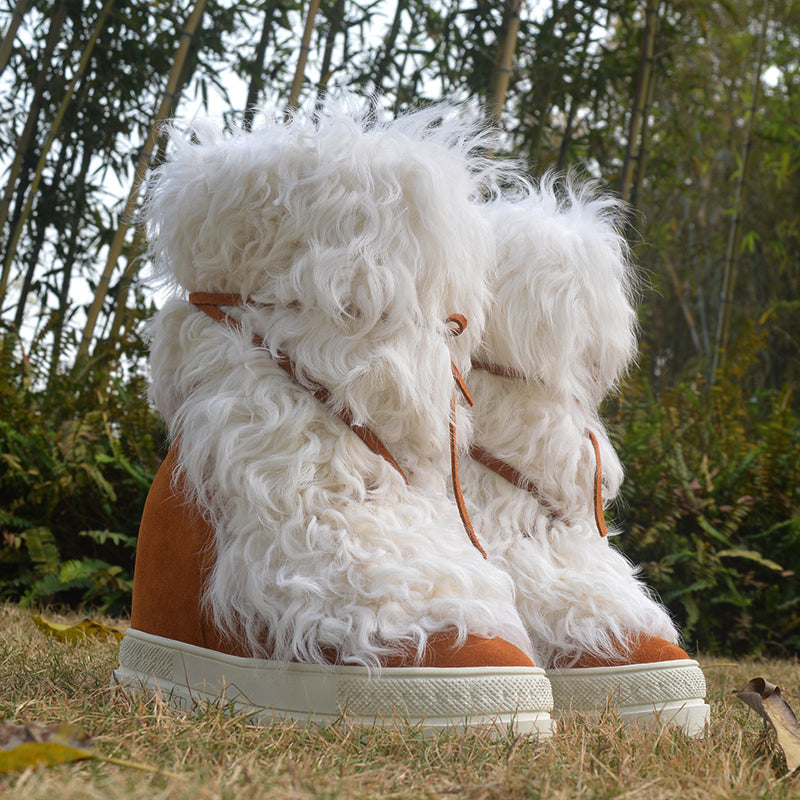 Women's Pure Wool Thick Snow Boots - White & Brown Winter Warm