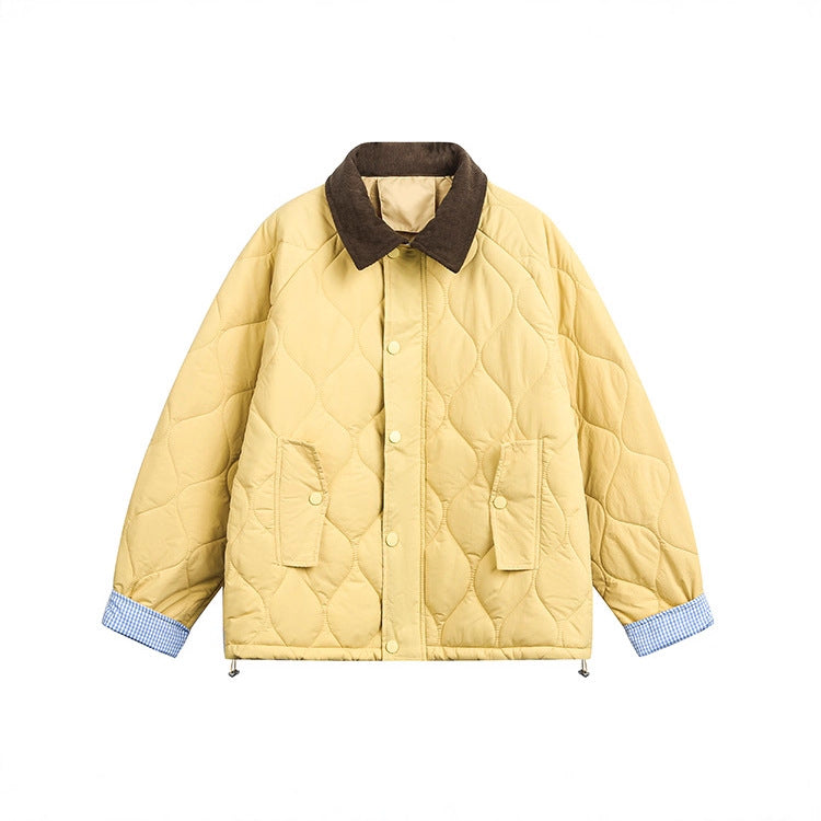 Yellow Diamond Quilted Short Jacket with Brown Flip Collar - Image 5
