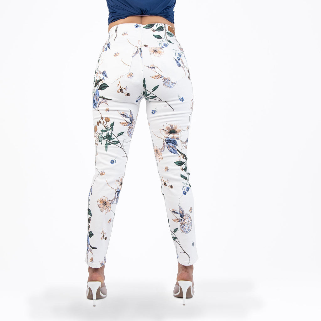 Women's High Rise Floral Print Capri Jeans in White and Purple