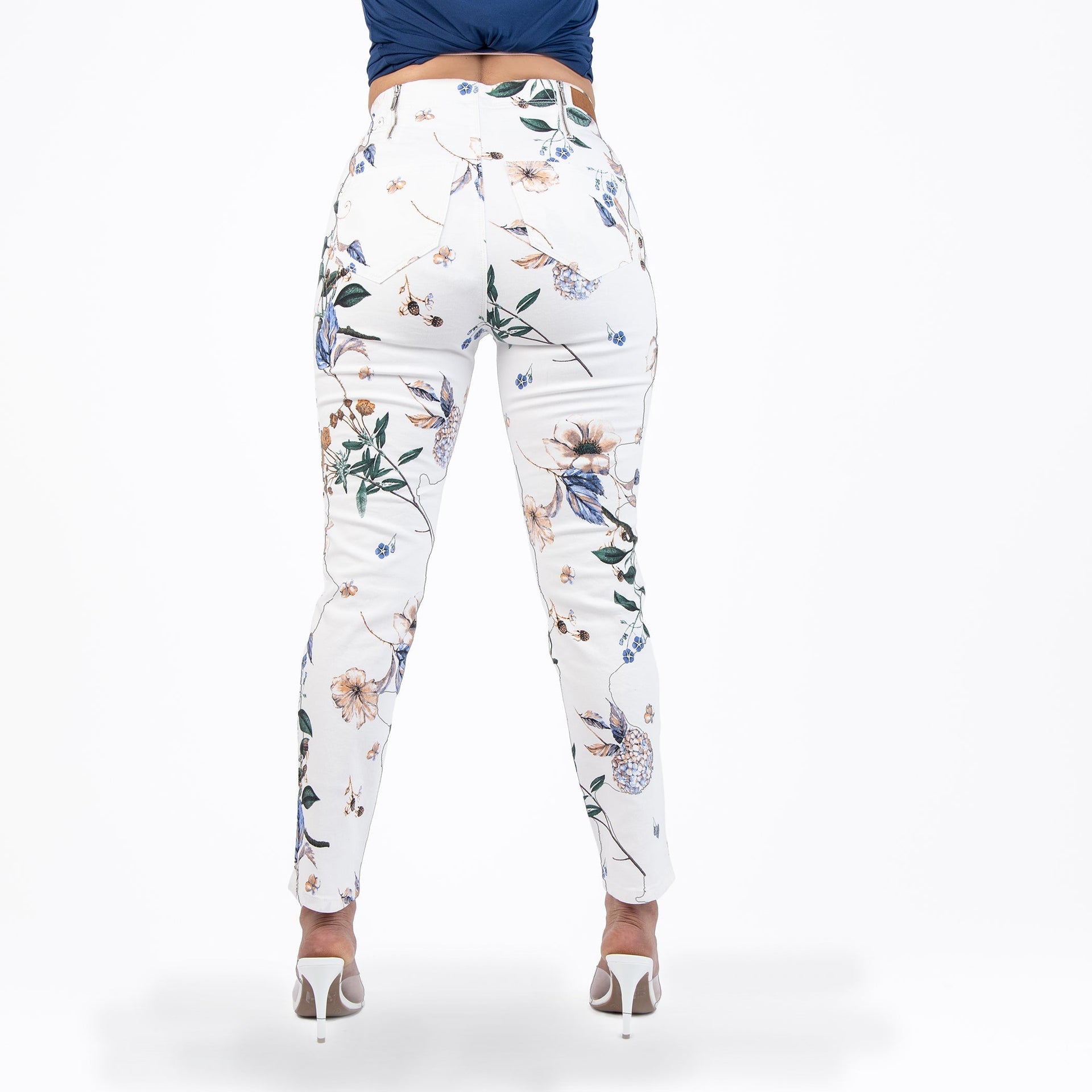 Women's High Rise Floral Print Capri Jeans in White and Purple