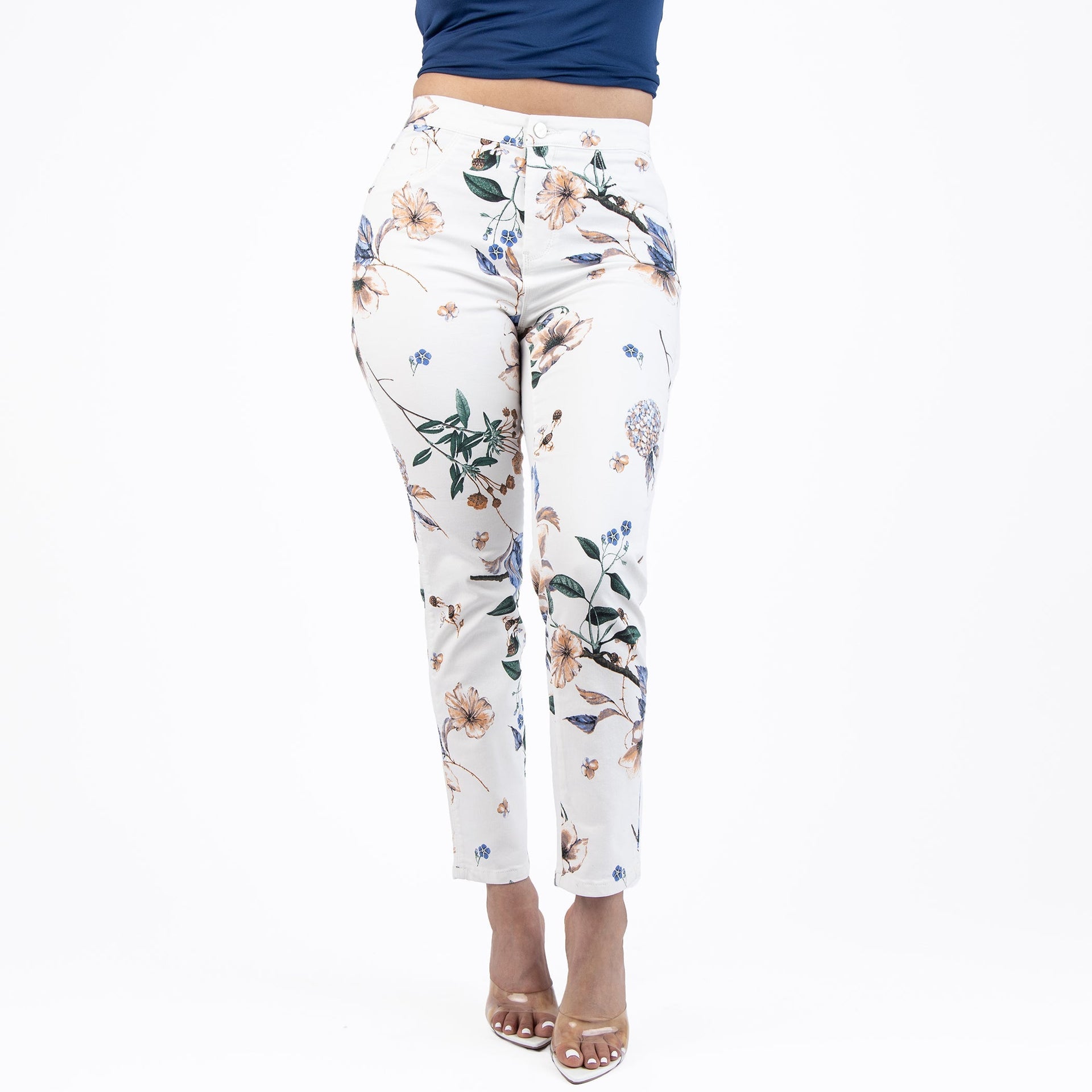 Women's High Rise Floral Print Capri Jeans in White and Purple