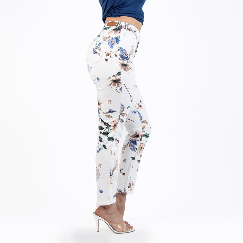Women's High Rise Floral Print Capri Jeans in White and Purple