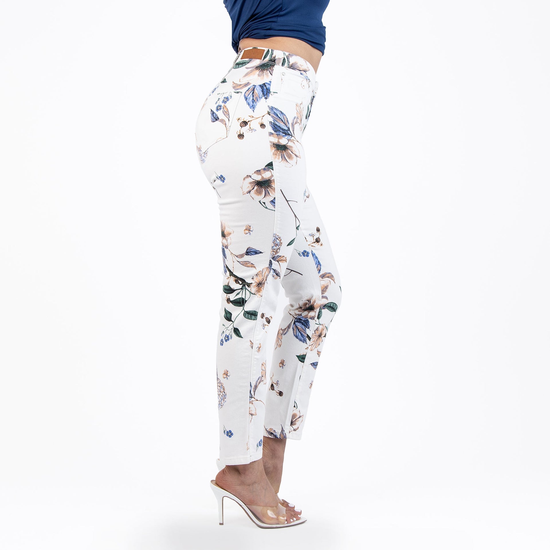 Women's High Rise Floral Print Capri Jeans in White and Purple