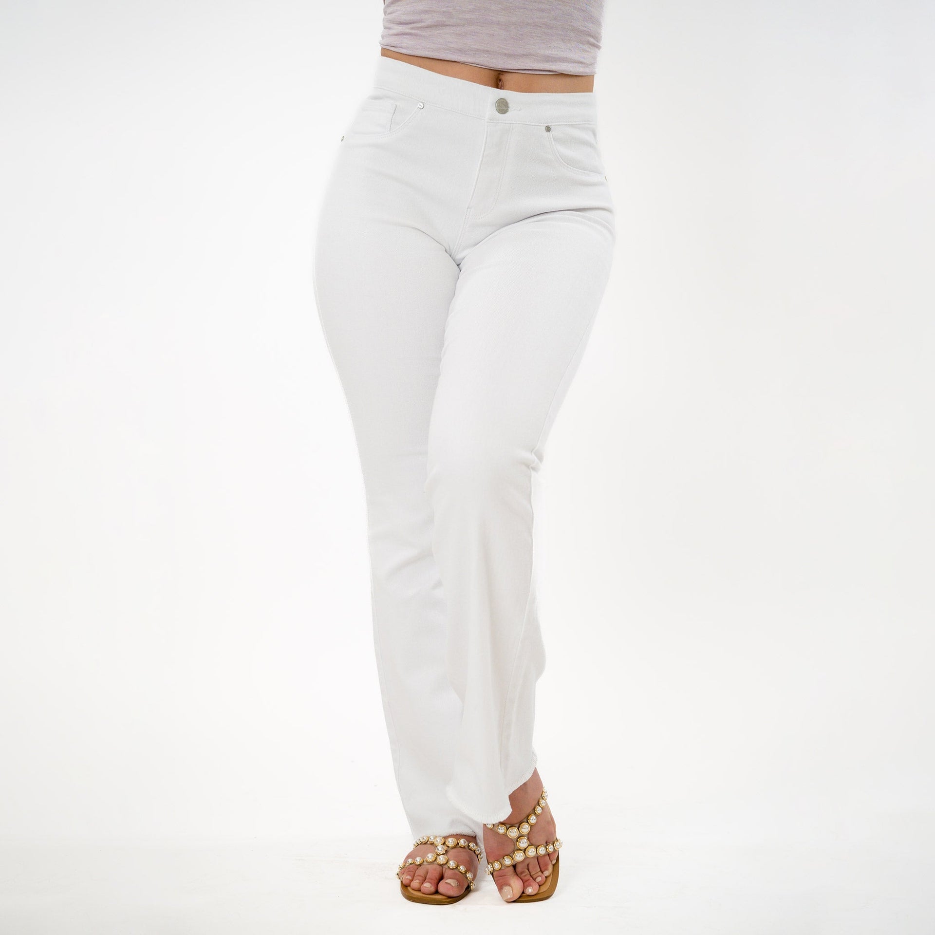 White Raw Hem Cropped Bootcut Jeans Adjustable Waist Denim