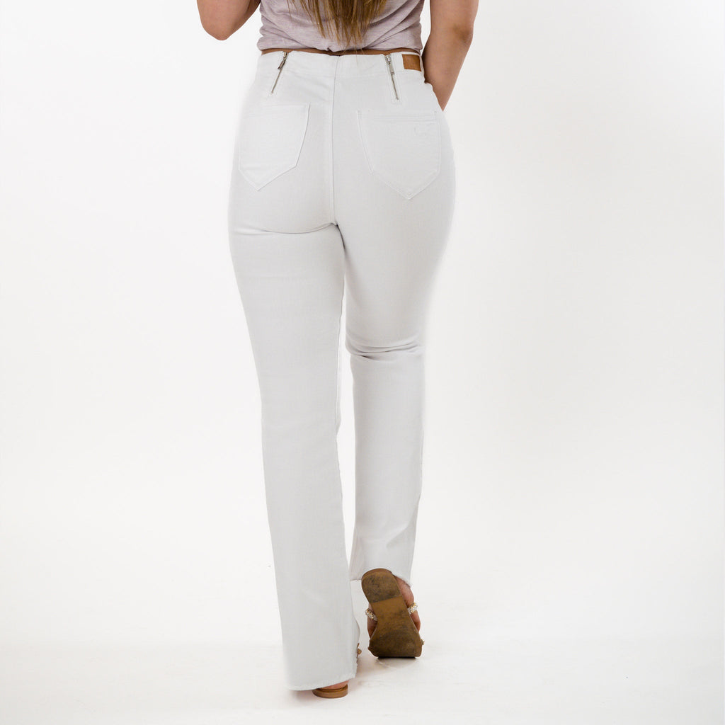 White Raw Hem Cropped Bootcut Jeans Adjustable Waist Denim