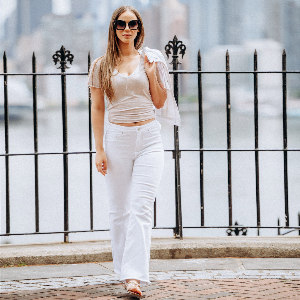 White Raw Hem Cropped Bootcut Jeans Adjustable Waist Denim