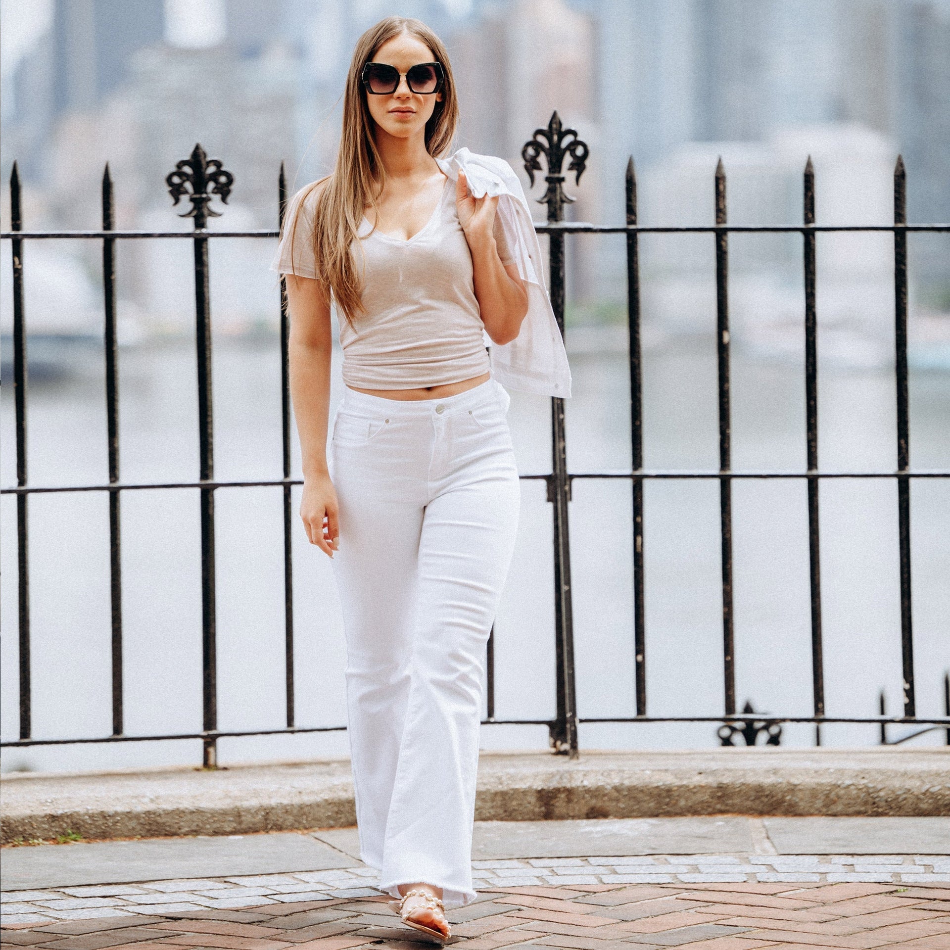 White Raw Hem Cropped Bootcut Jeans Adjustable Waist Denim