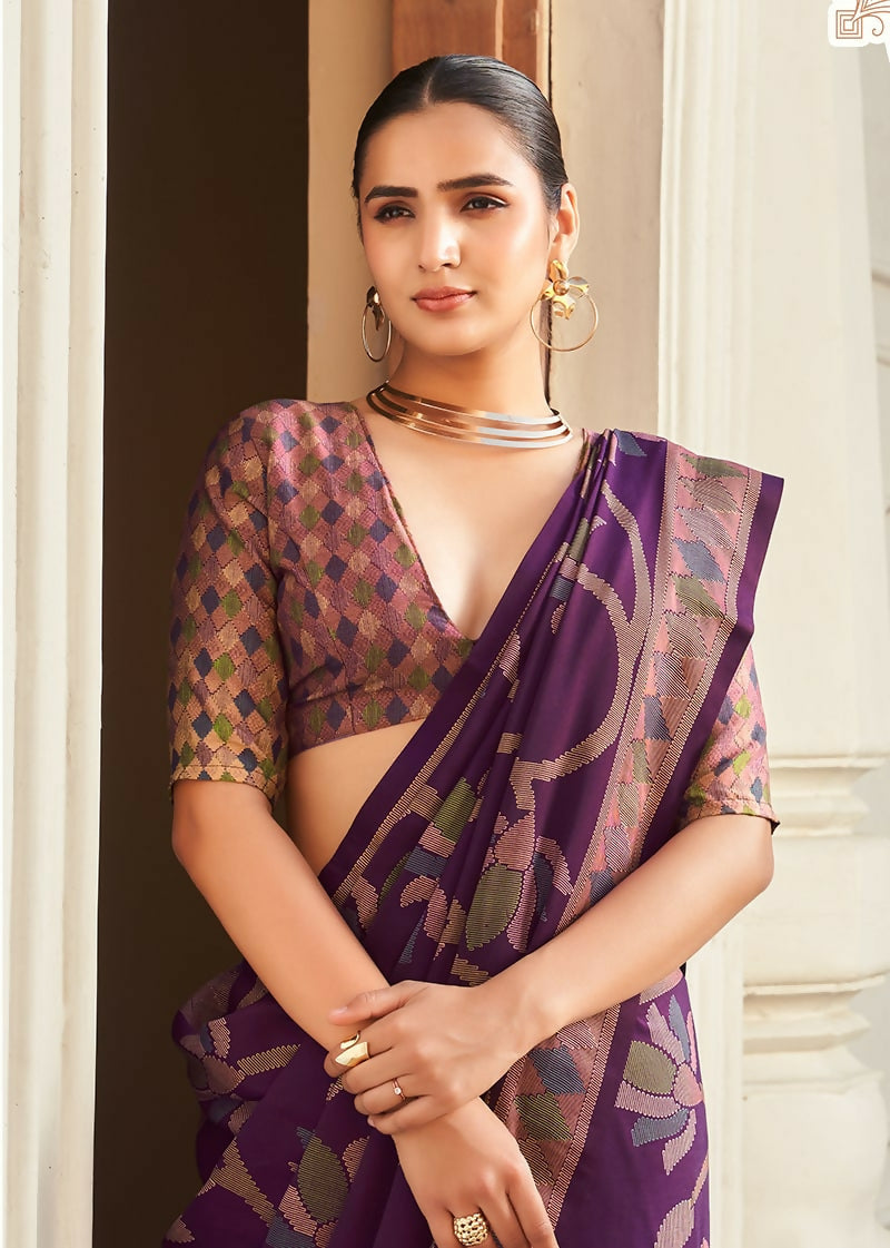 Purple Printed Silk Blend Saree with Contemporary Pattern