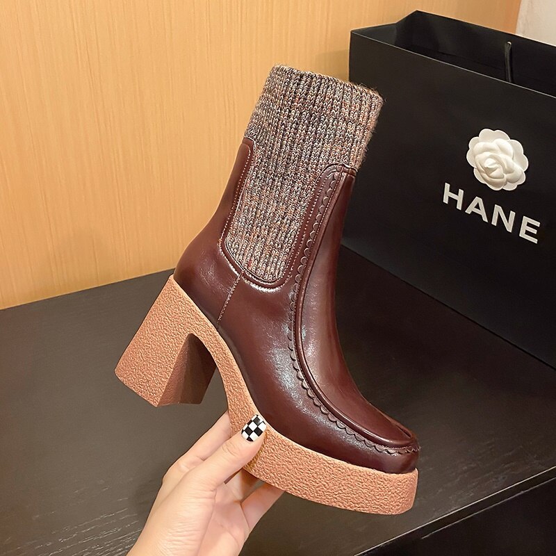 Chunky Platform Ankle Boots with Knit Cuff for Women - Image 4