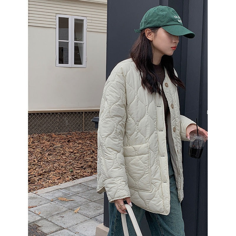 Women's Quilted Loose Single-Breasted Baseball Coat - Lilac & Cream - Image 6