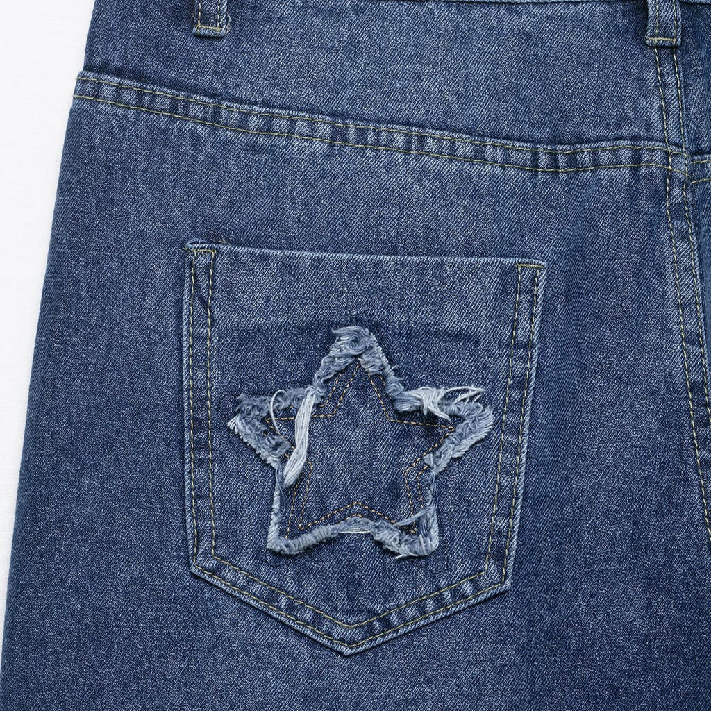 Dark Blue Harajuku Studded Embroidered Straight Leg Jeans - Image 4