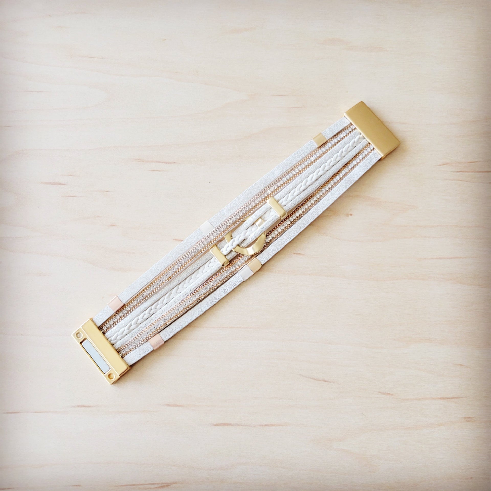 White and Gold Multi-Strand Magnetic Cuff Bracelet - Image 2