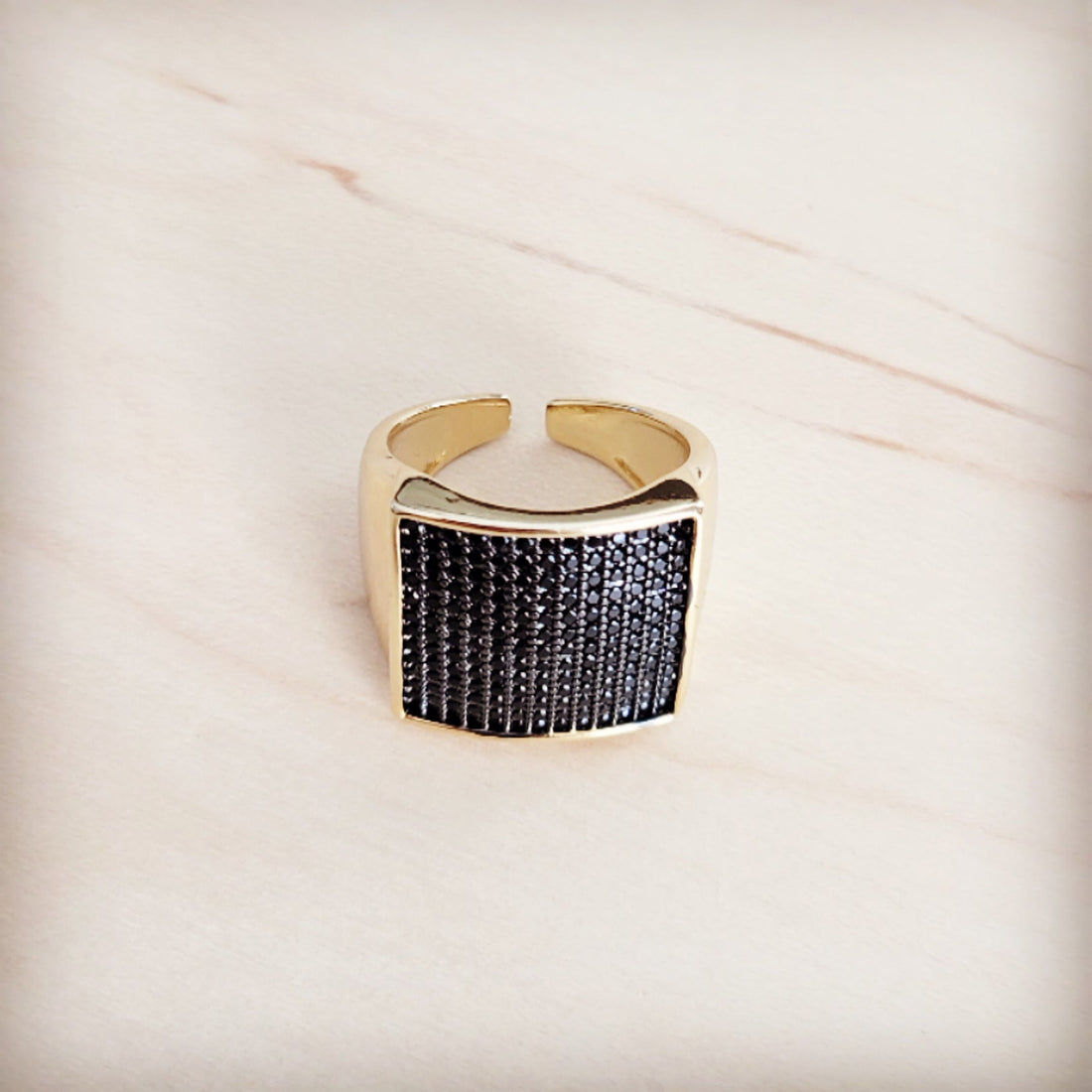 Square Gold-Tone Statement Ring with Black Crystal Pave - Image 2