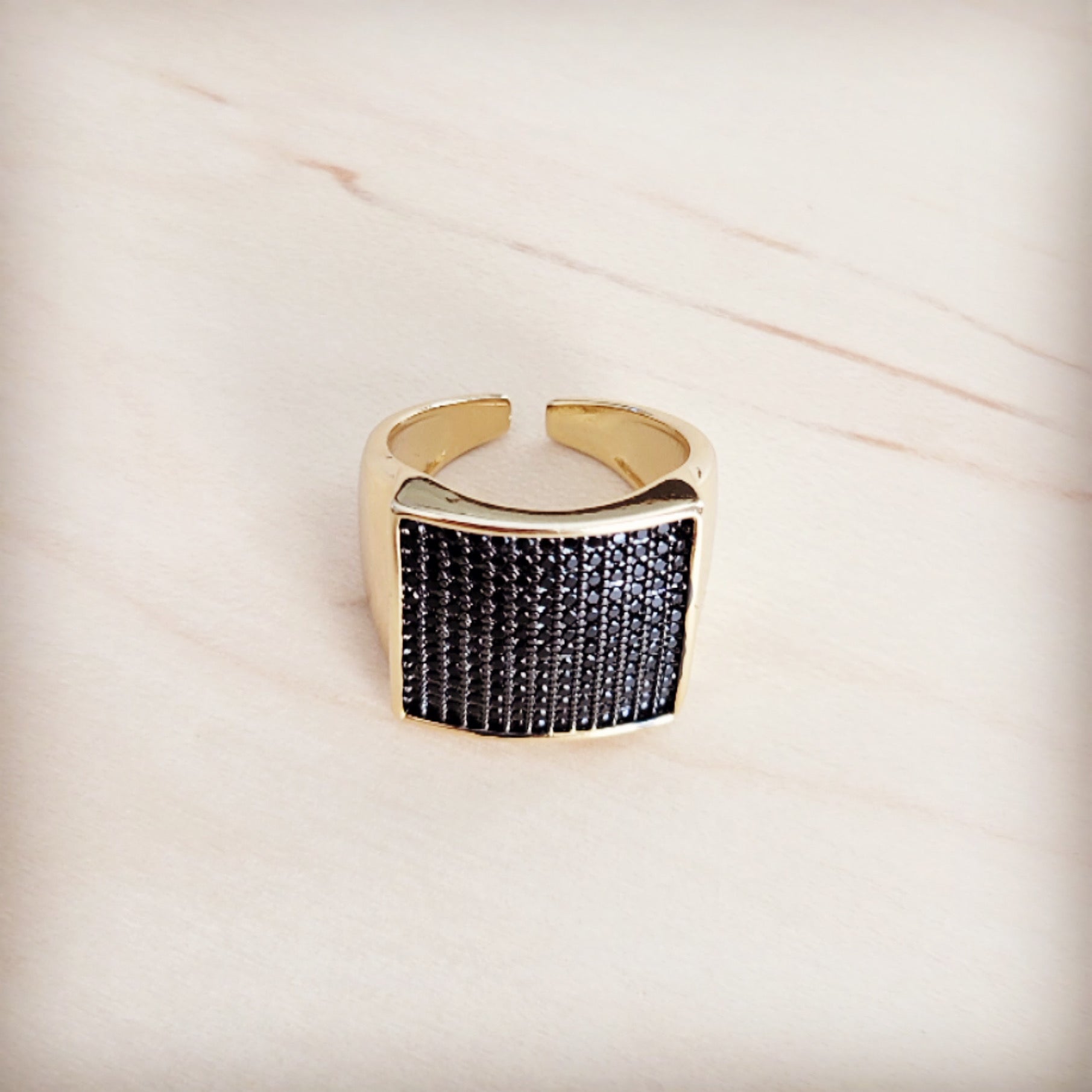 Square Gold-Tone Statement Ring with Black Crystal Pave - Image 2