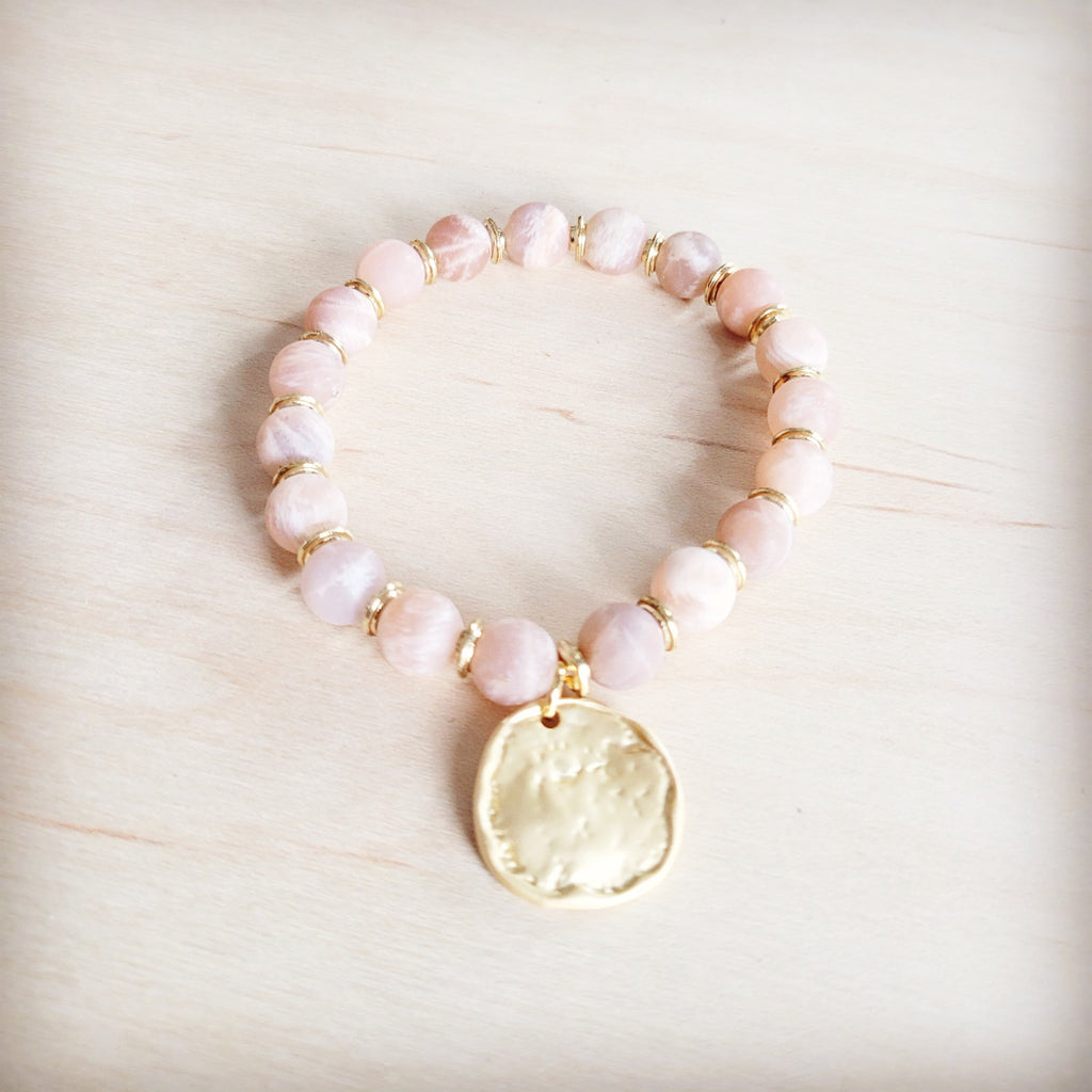 Frosted Sunstone Stretch Bracelet with Matte Gold Charm - Image 2