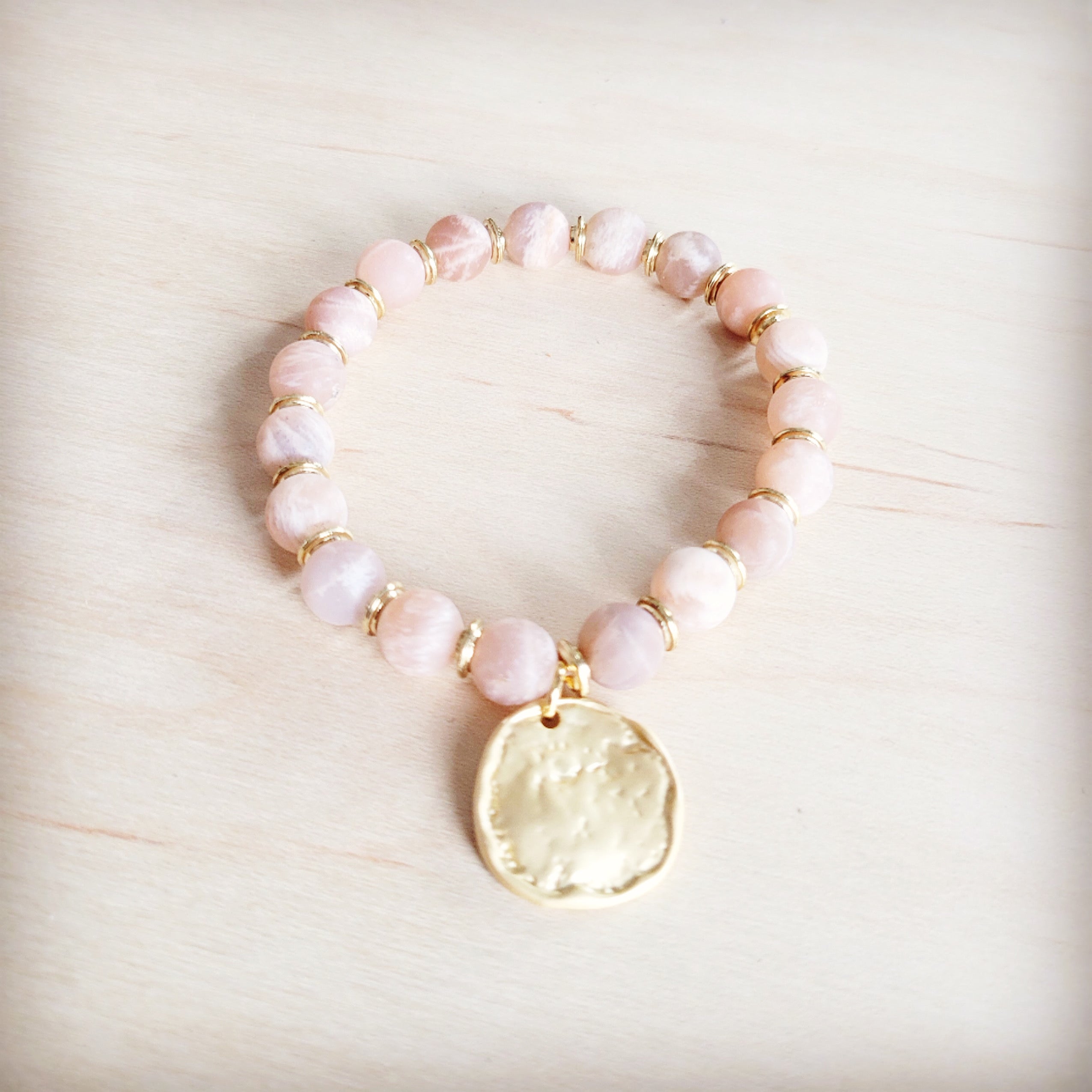 Frosted Sunstone Stretch Bracelet with Matte Gold Charm - Image 2