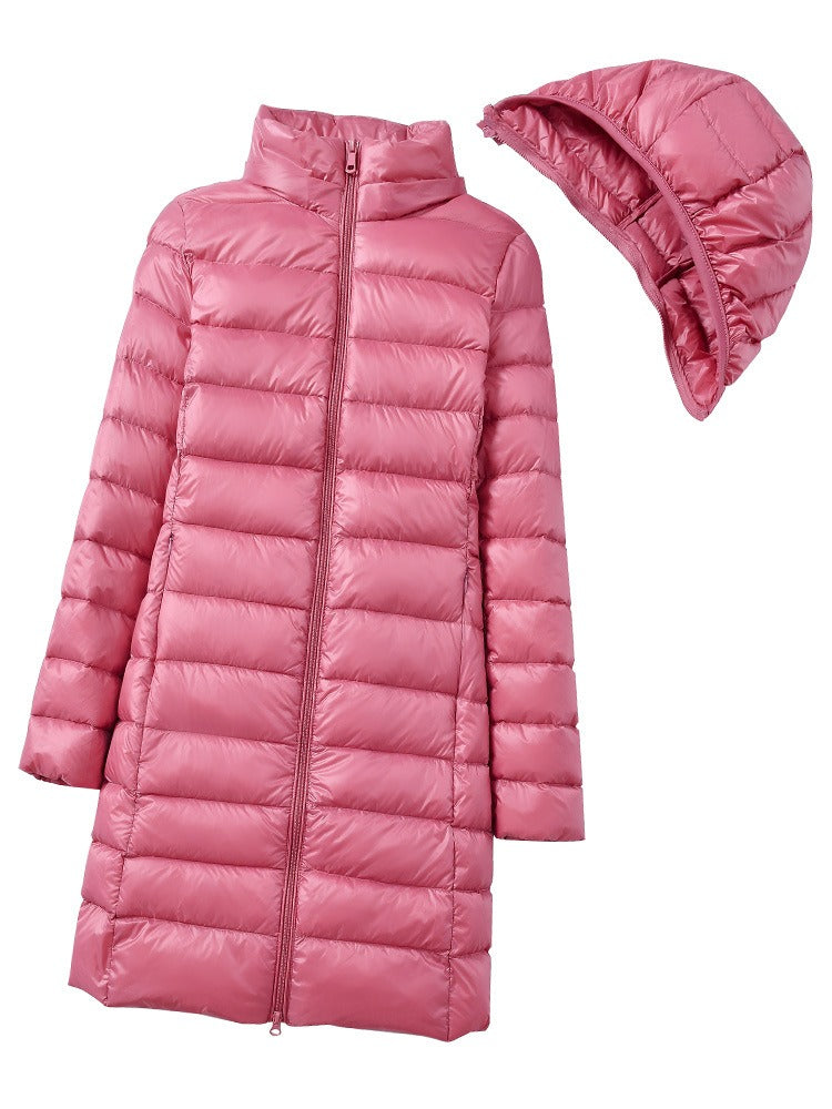 Women's Harajuku Oversized Mid-Length Hooded Down Jacket Pink Taupe - Image 9