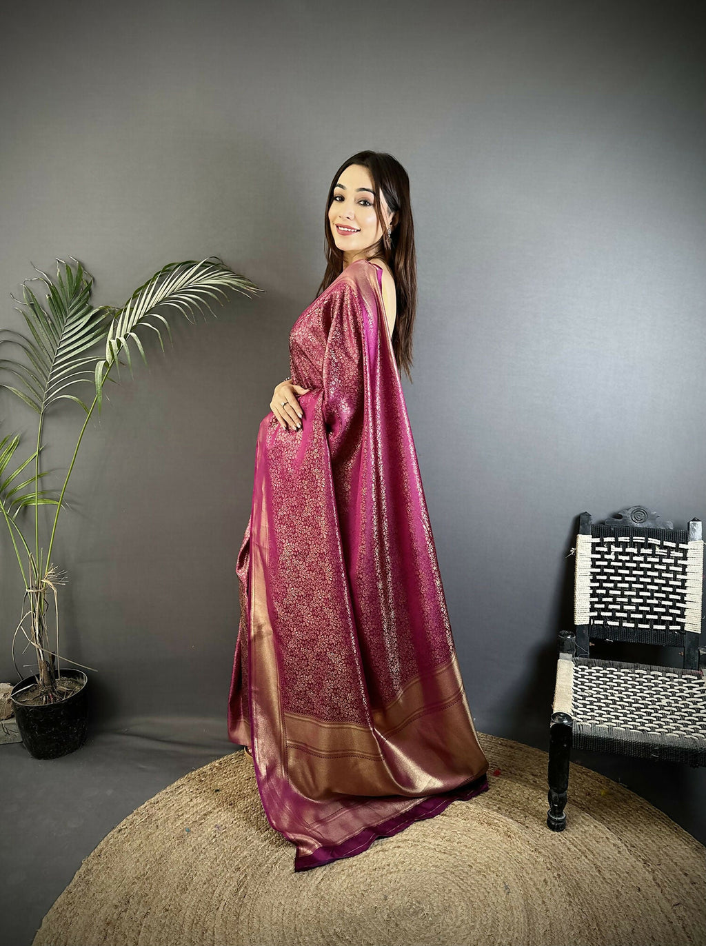 Purple Floral Motif Soft Satin Silk Kanchipuram Saree