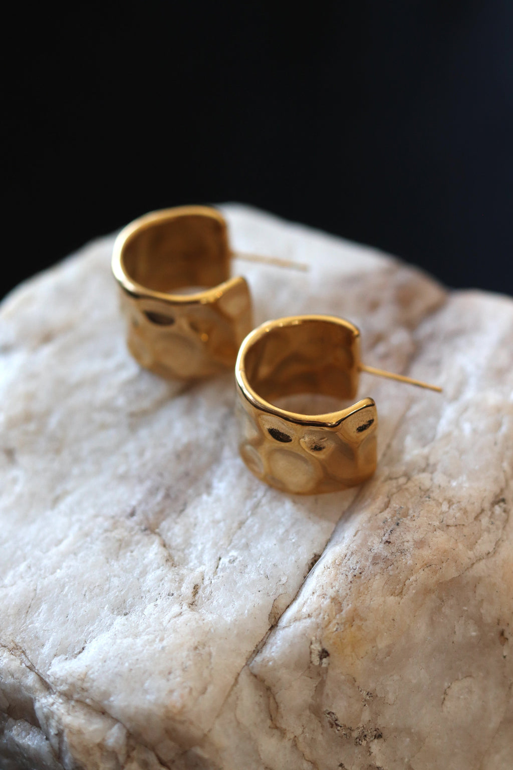 Wide Hammered Gold Hoop Earrings - 18K Gold Plated Waterproof
