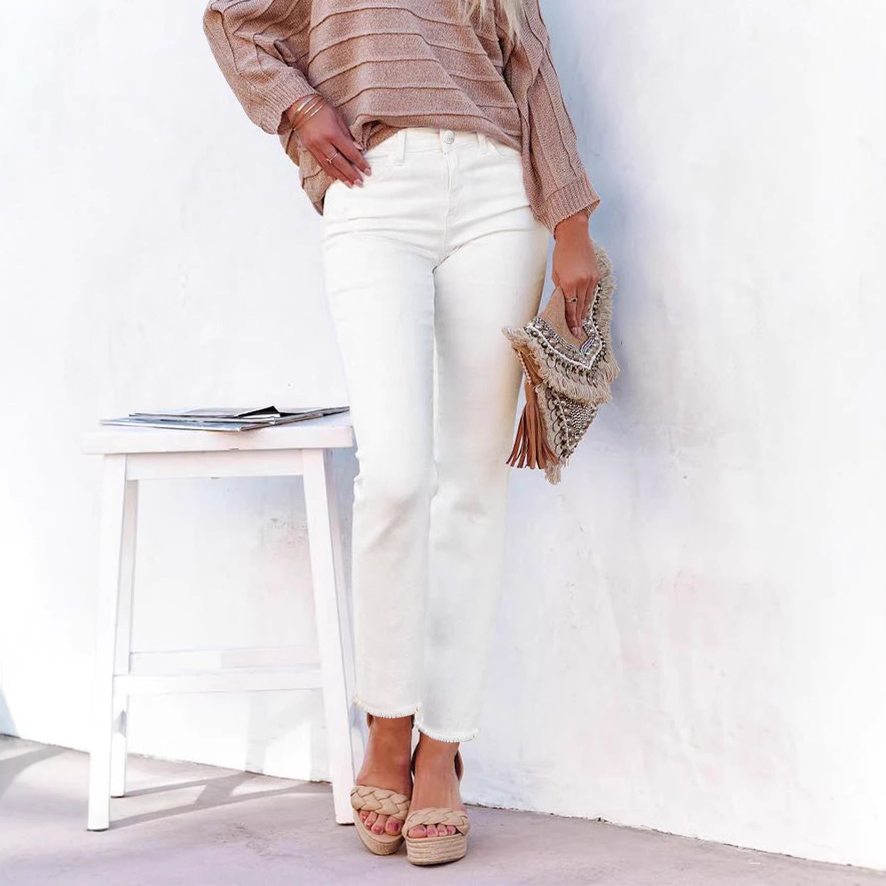 Women's High-Waist Straight Leg Ankle Jeans with Raw Hem