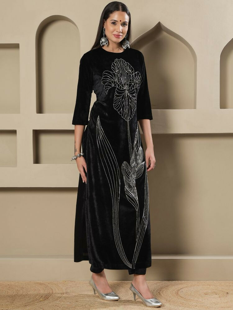 Black Velvet Kurta Set with Intricate Hand Embellishments