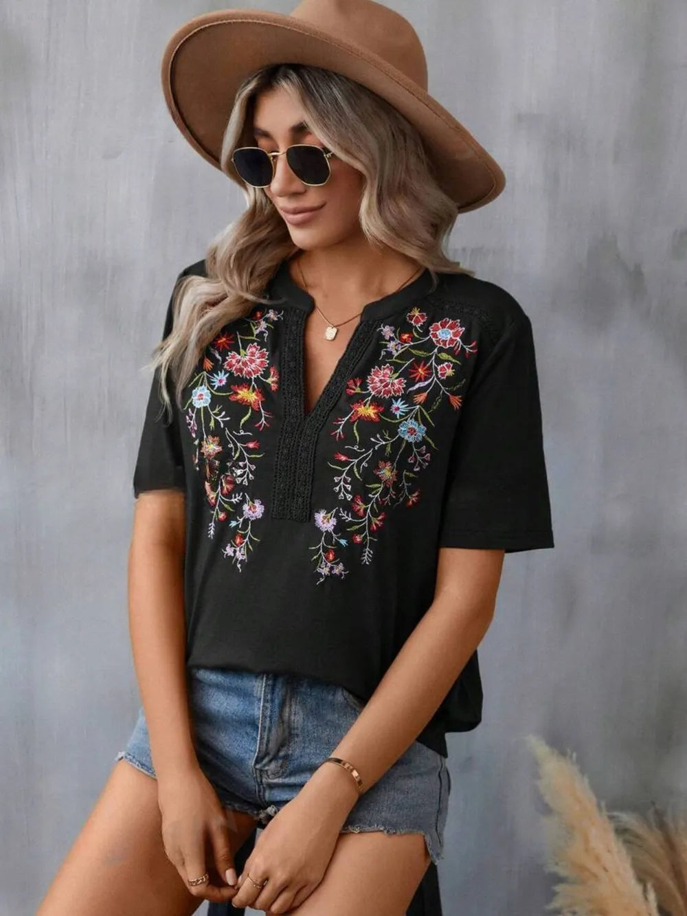 Boho Floral Embroidered Notched V-Neck Lace Trim Top