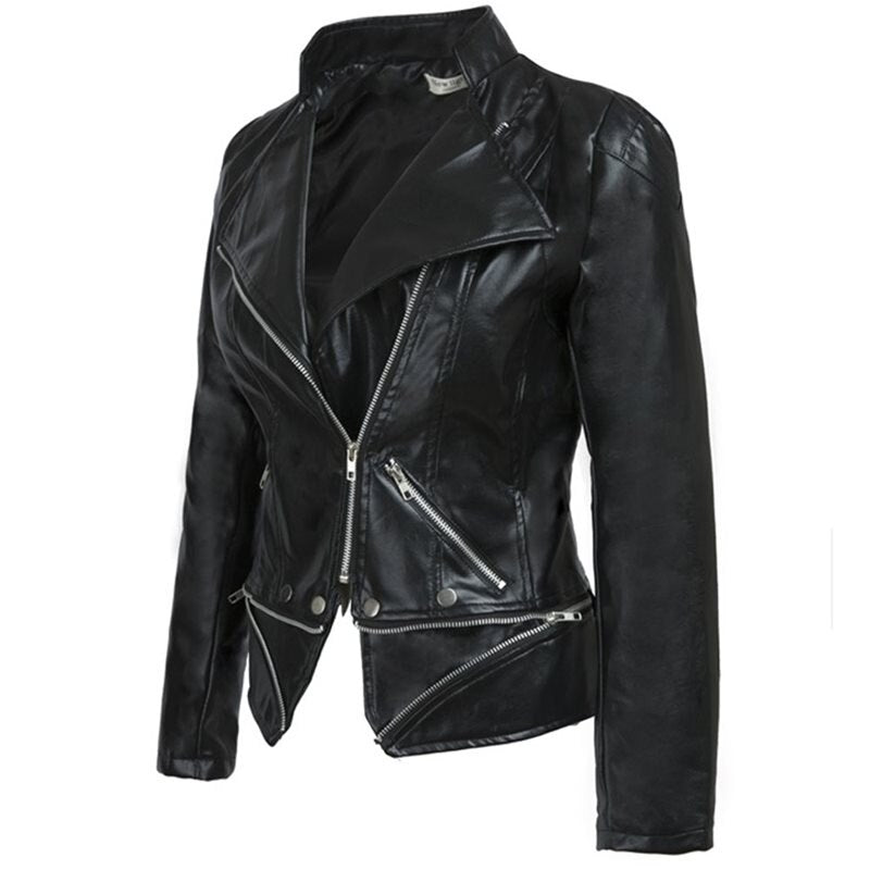 Women's Gothic Black Faux Leather Biker Jacket Slim Fit - Image 2