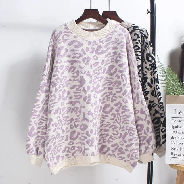 Women's oversized lavender and cream leopard print crew neck sweater in Harajuku style