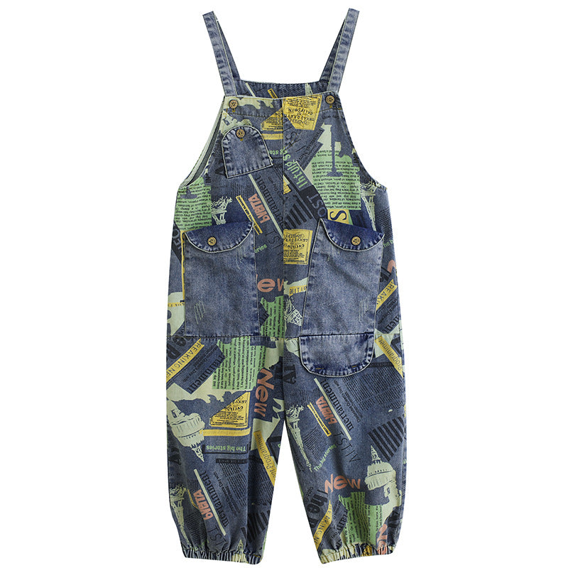 Women's Retro Artistic Print Denim Overalls Loose Fit - Image 5