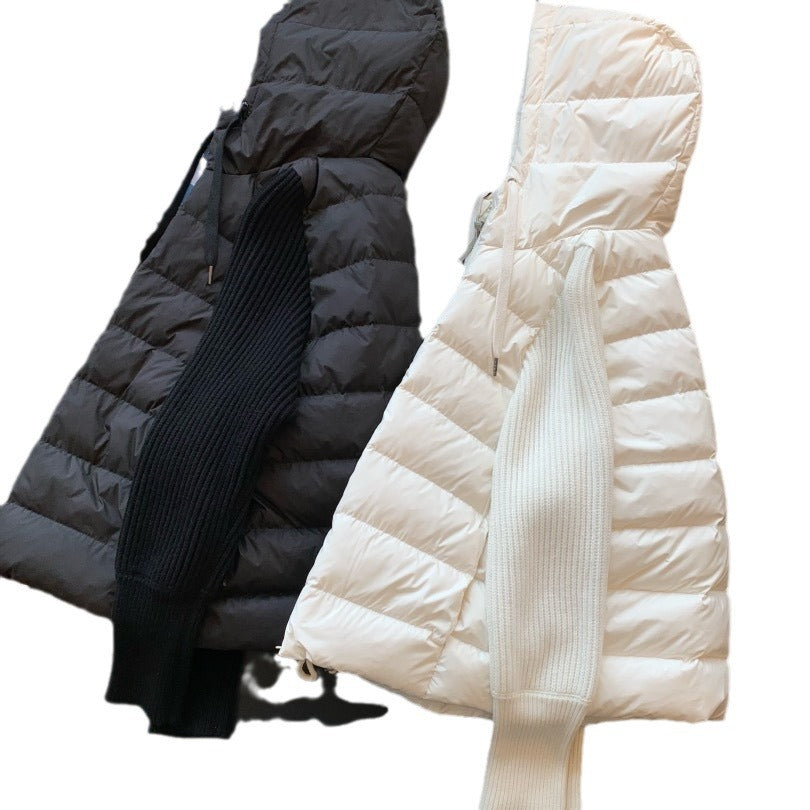 Women's Harajuku Style Spliced Knitted Sleeve Puffer Hooded Jacket in Black and White