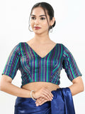 Blue multi brocade fabric blouse with V-neck and elbow sleeves