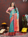 Festive skyblue Kanjivaram silk saree with intricate gold, orange, and pink zari weaving