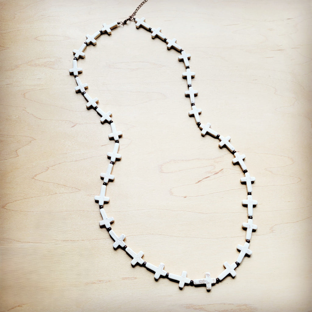 White Turquoise & Wood Beaded Cross Necklace