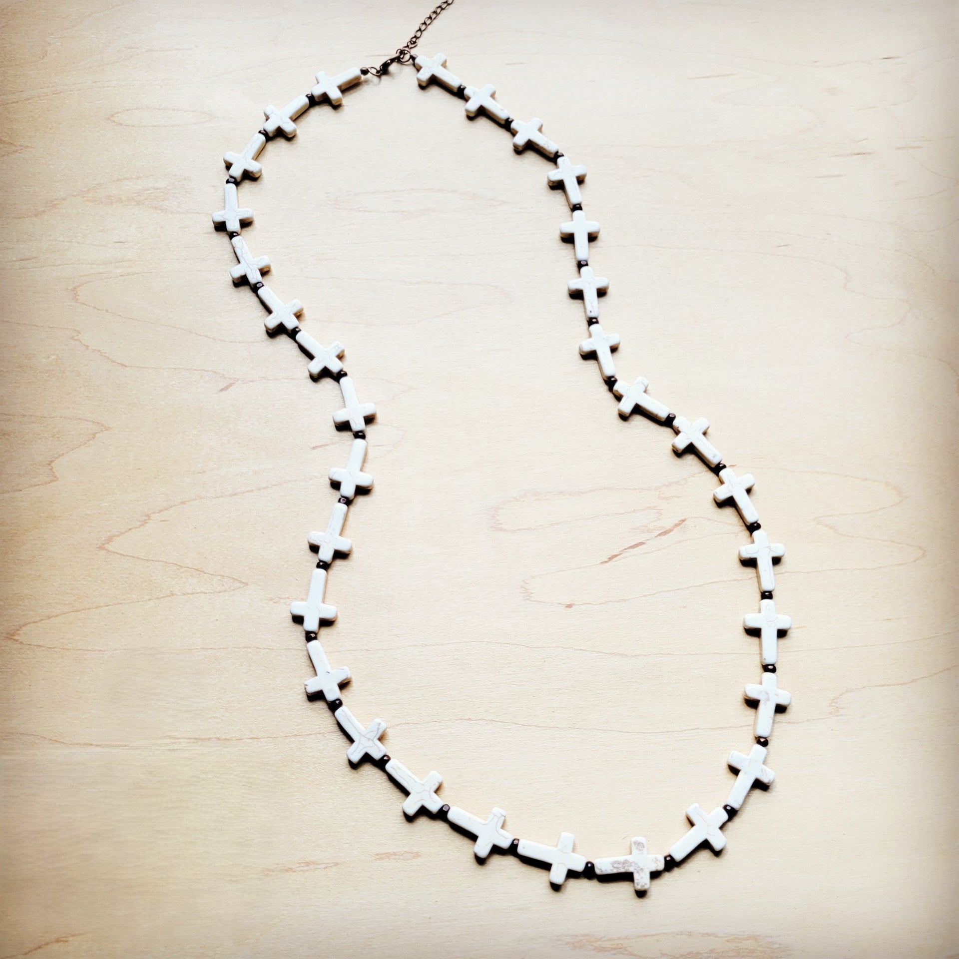 White Turquoise & Wood Beaded Cross Necklace