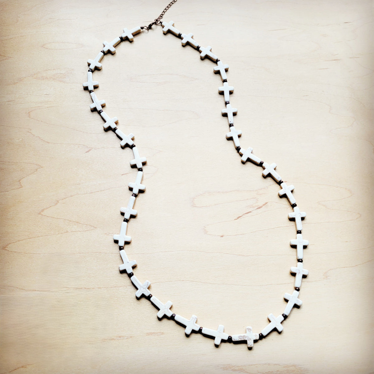 White Turquoise & Wood Beaded Cross Necklace