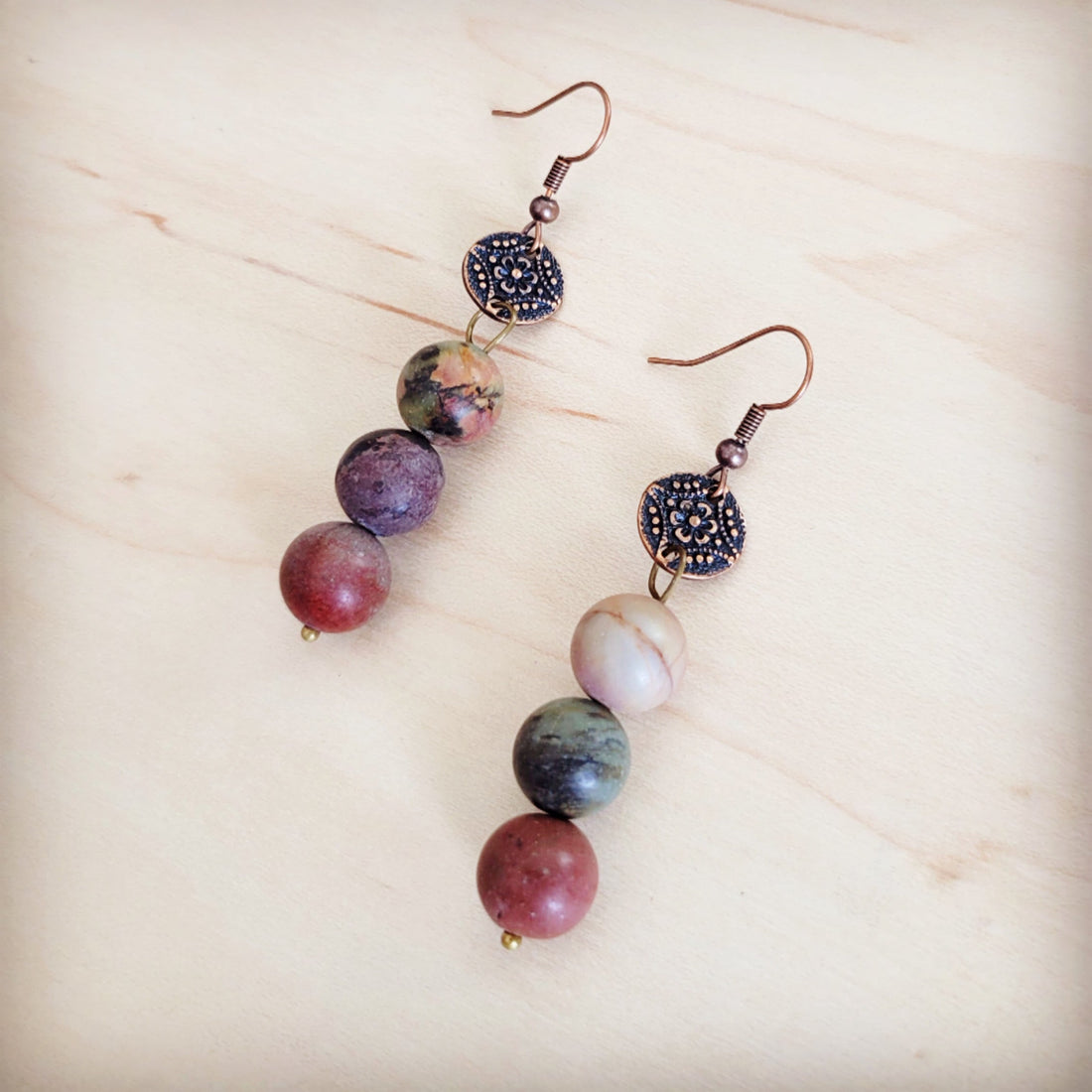 Frosted Picasso Jasper Beaded Drop Earrings with Copper Accents - Image 2