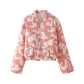 Front view of a Women's Harajuku style casual zipper cotton jacket in pink and white with an abstract geometric pattern.