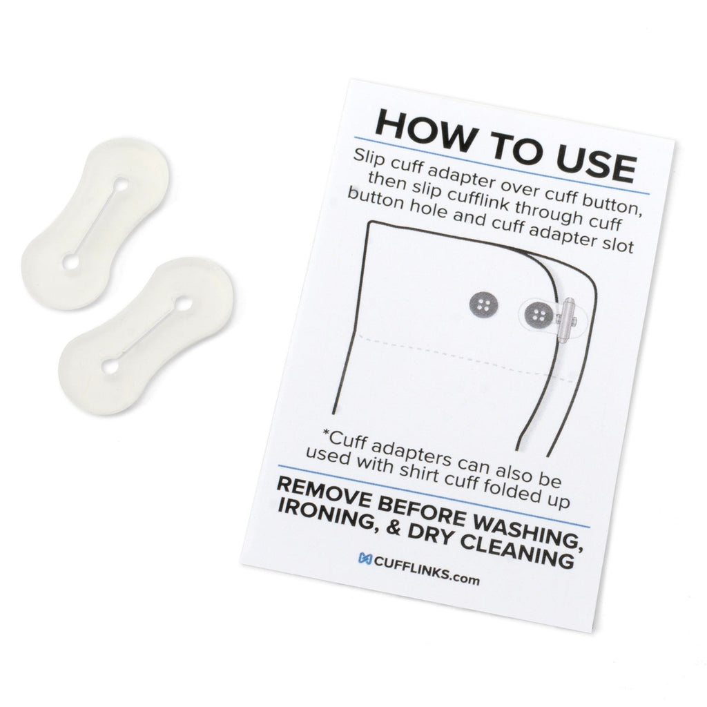 Clear silicone cufflink adapter tabs shown next to instruction card