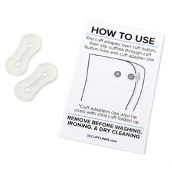 Clear silicone cufflink adapter tabs shown next to instruction card