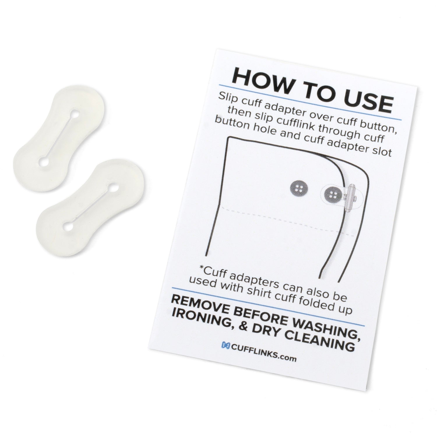 Clear silicone cufflink adapter tabs shown next to instruction card