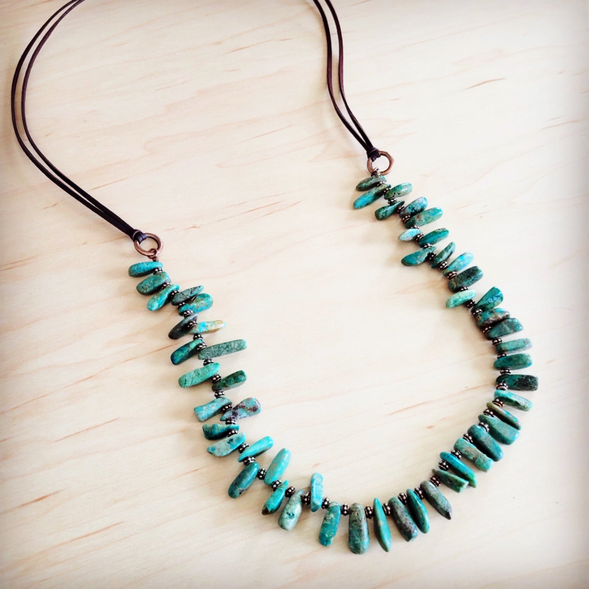 Natural Turquoise Stacked Stone Necklace with Brown Leather Tie - Image 3