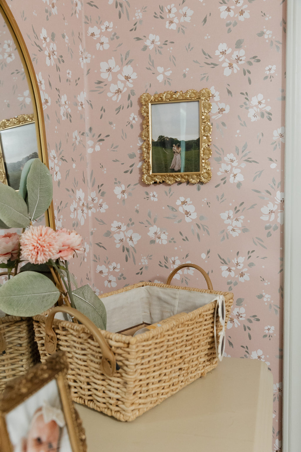 Alina Floral Removable Wallpaper in Dusty Rose and Sage Green