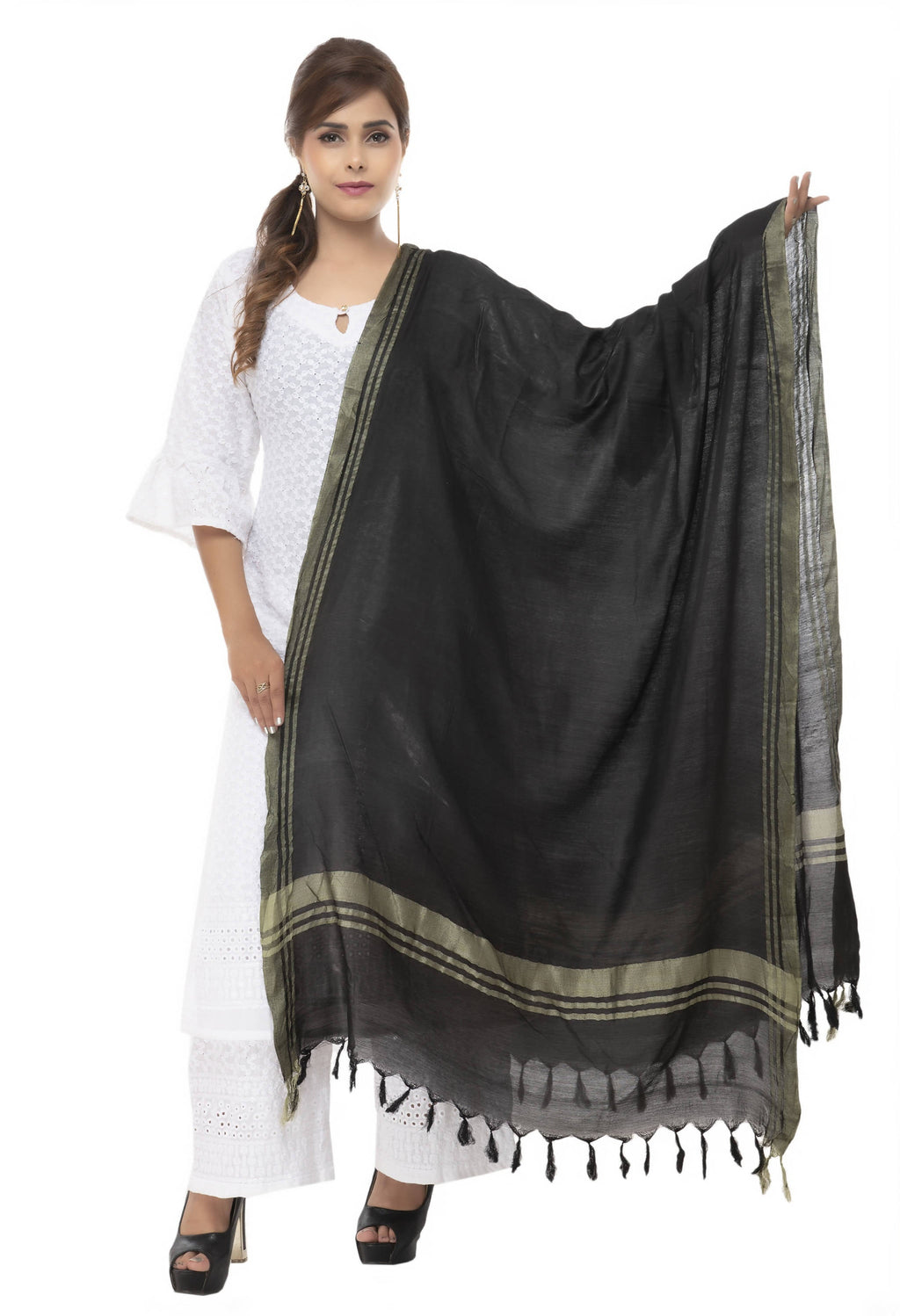 Textured black slub cotton dupatta showing intricate fabric detail
