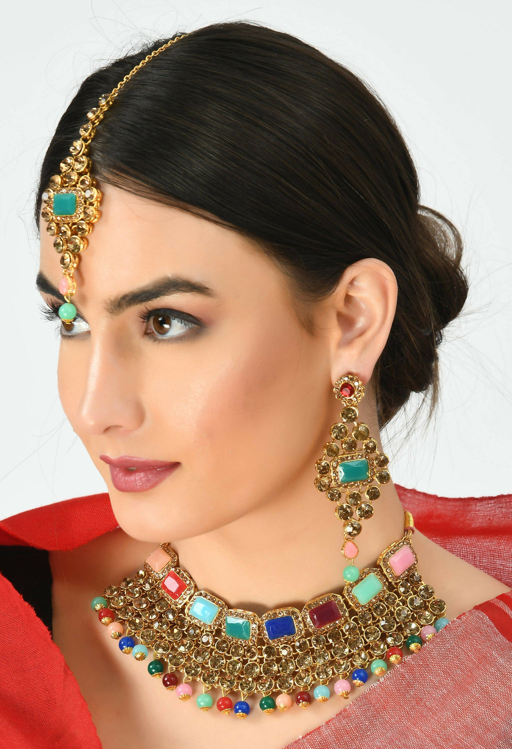 Heavy Rajwadi Design Multi-Color Gold-Polished Necklace Set