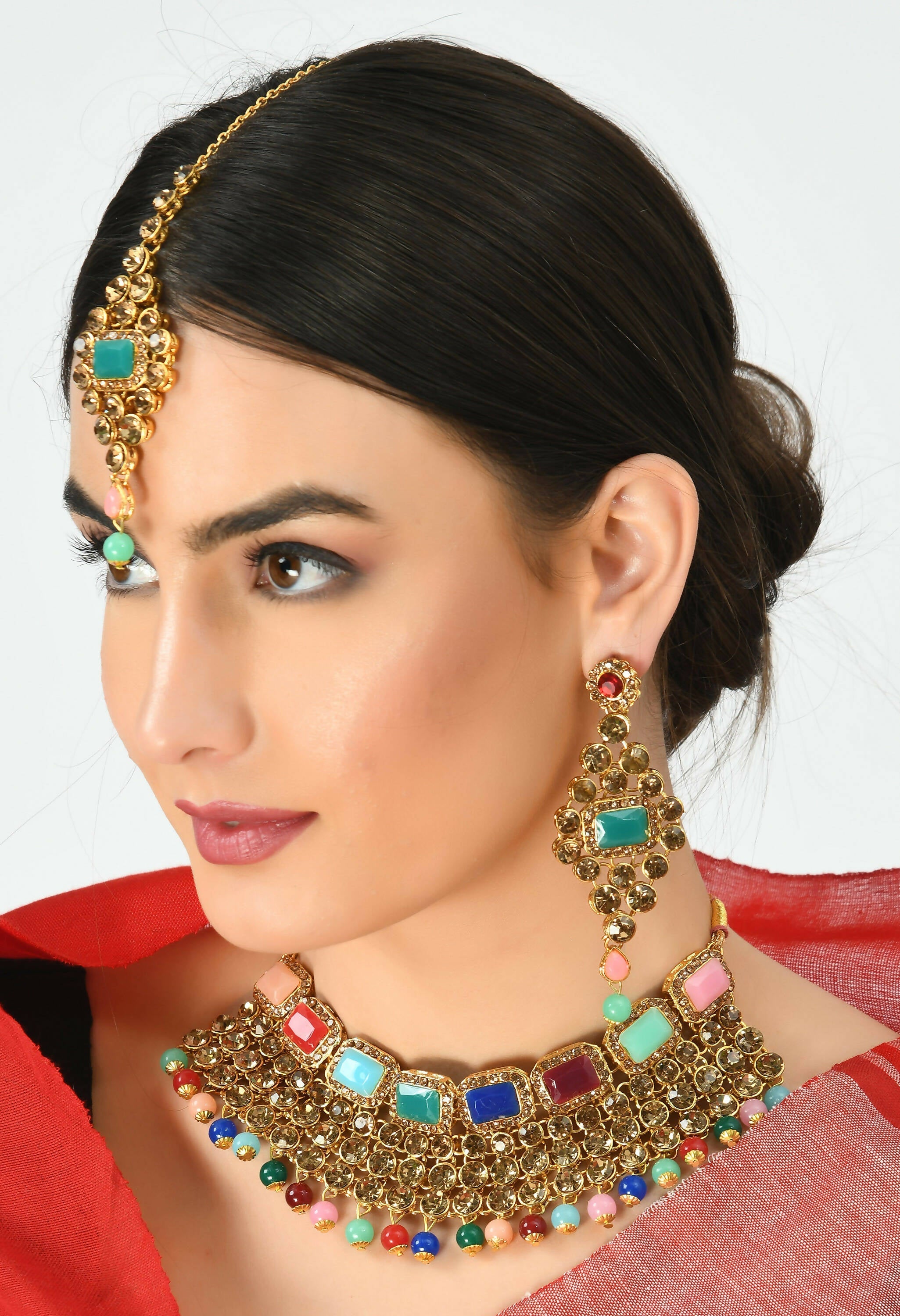 Heavy Rajwadi Design Multi-Color Gold-Polished Necklace Set