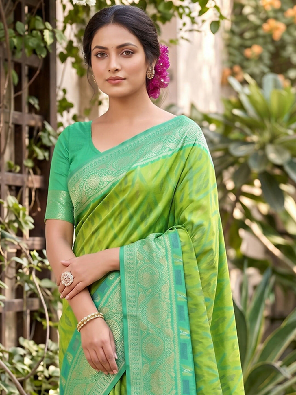 Rama Green Soft Silk Saree with Matching Blouse Piece
