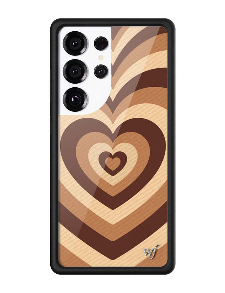Samsung Galaxy phone case with a brown and beige layered heart pattern and a black bumper.