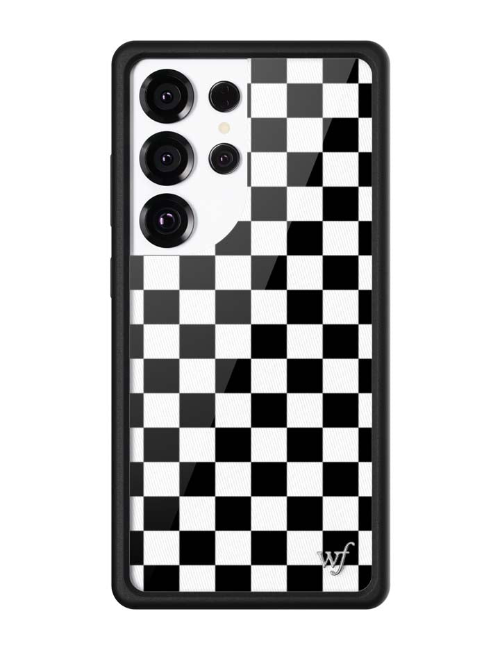 Black and white checkerboard print phone case for Samsung Galaxy with black rubber bumper
