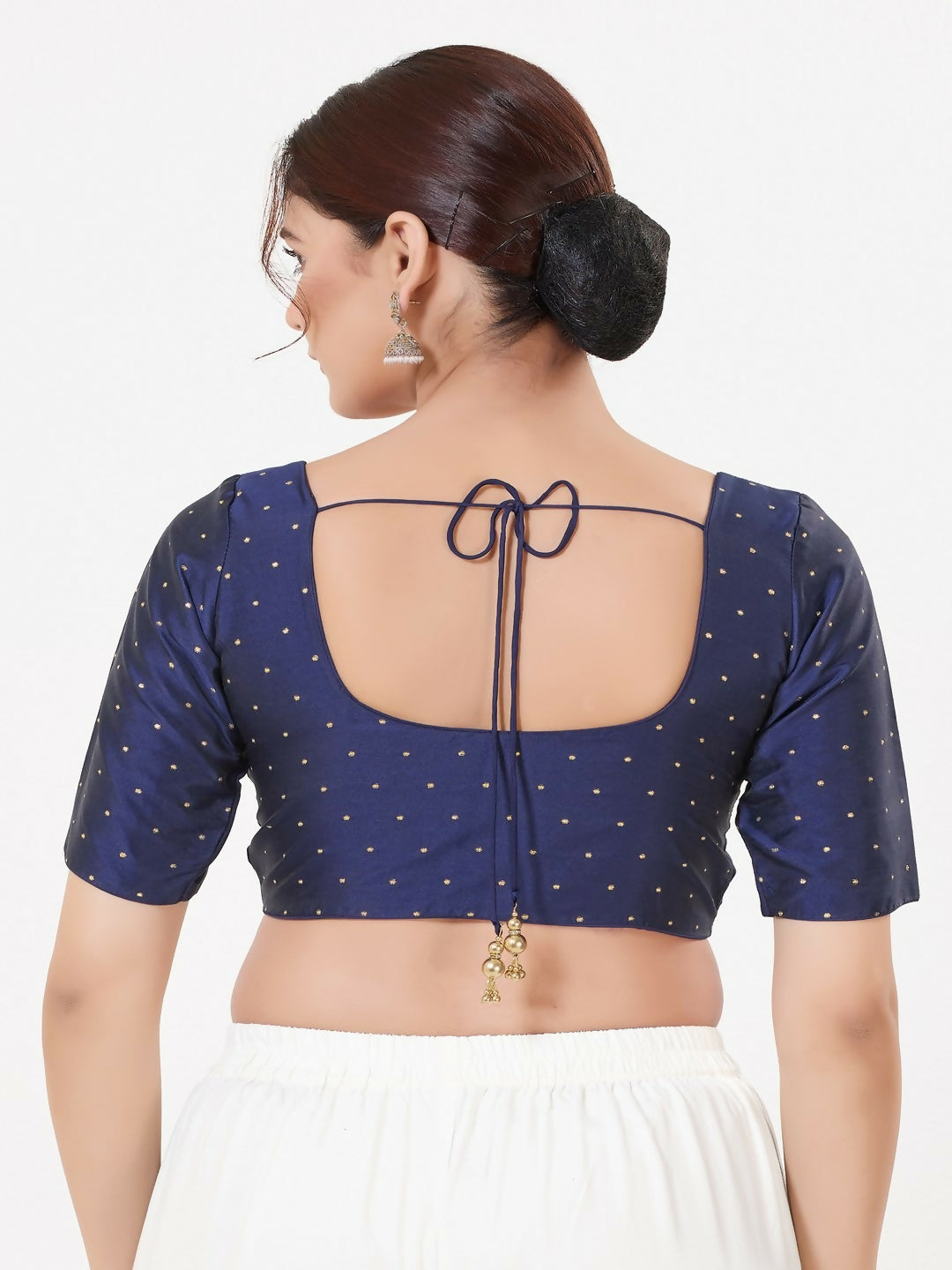 Navy Blue Taffeta Silk Sleeveless Front Open Round Neck Blouse