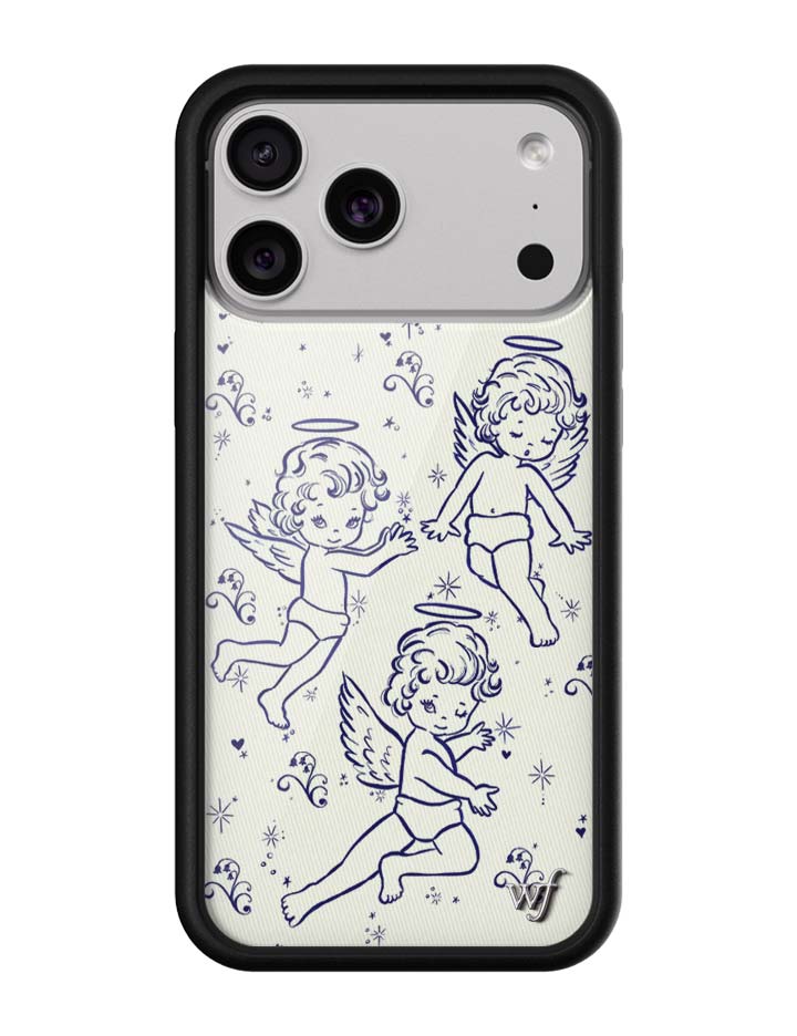 Cherubs iPhone case with blue cherub illustrations, stars, and sparkles on a beige background with a black protective bumper.